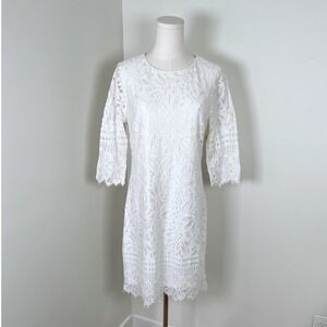 Kensie Women's White Lace Sheath Dress‎ 3/4 Sleeve Knee Length Size 8